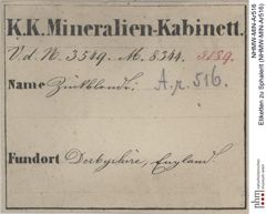 Etiketten zu Sphalerit (NHMW-MIN-Ar516)